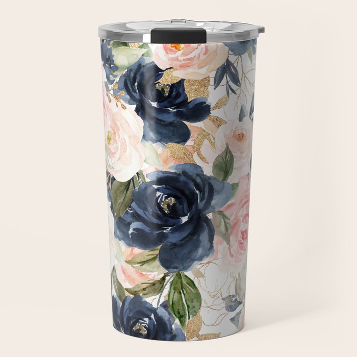 Navy Pink Watercolor Floral Pattern Nursery Flowers Travel Mug Gallery Image 1
