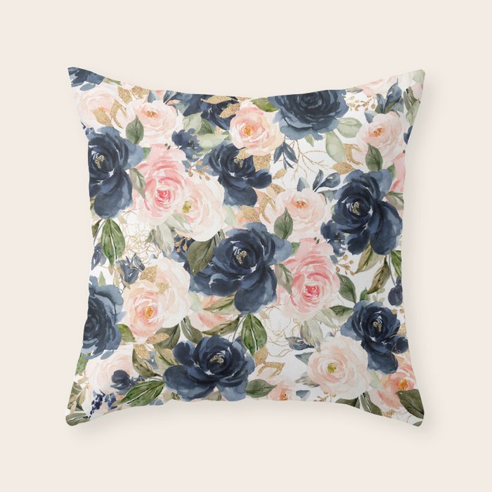 Navy Pink Watercolor Floral Pattern Nursery Flowers Throw Pillow Gallery Image 6