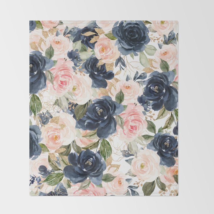 Navy Pink Watercolor Floral Pattern Nursery Flowers Throw Blanket Gallery Image 2