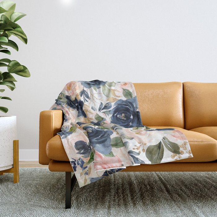 Navy Pink Watercolor Floral Pattern Nursery Flowers Throw Blanket Gallery Image 1