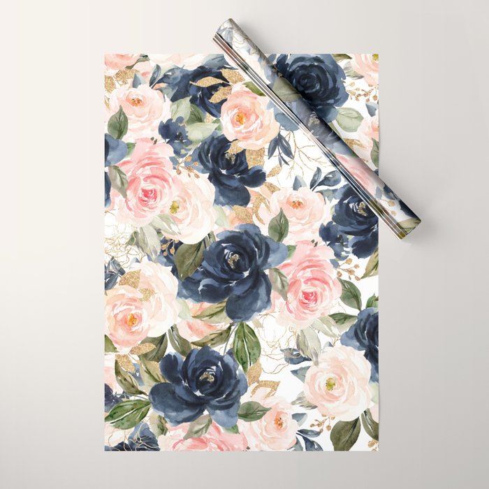 Navy Pink Watercolor Floral Pattern Nursery Flowers Wrapping Paper Gallery Image 1