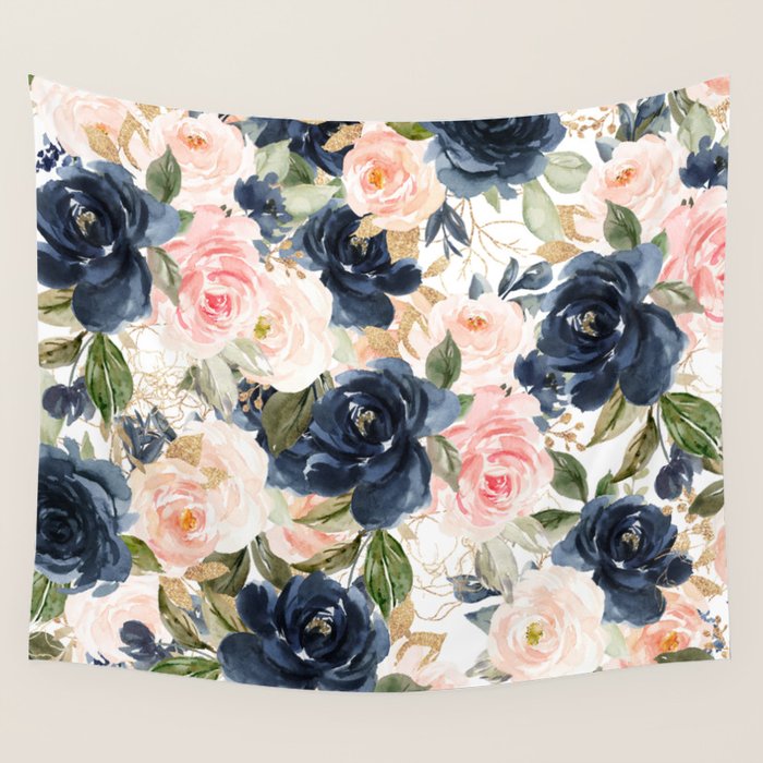 Navy Pink Watercolor Floral Pattern Nursery Flowers Wall Tapestry Gallery Image 4