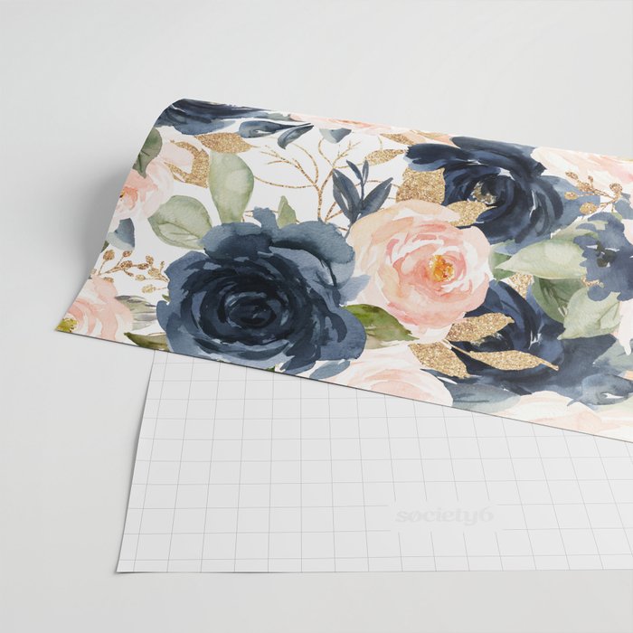 Navy Pink Watercolor Floral Pattern Nursery Flowers Wrapping Paper Gallery Image 2