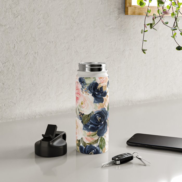 Navy Pink Watercolor Floral Pattern Nursery Flowers Water Bottle Gallery Image 4