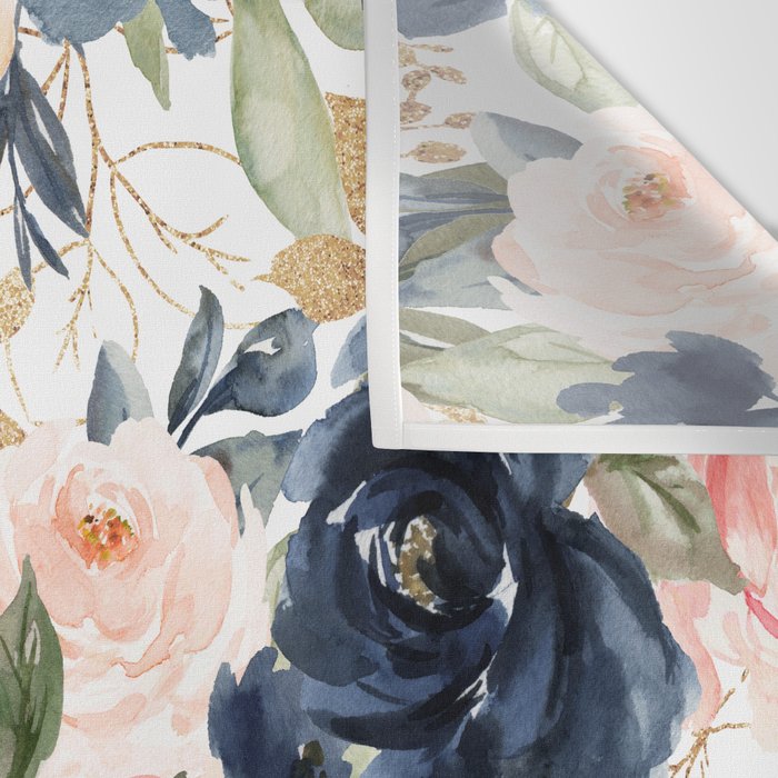 Navy Pink Watercolor Floral Pattern Nursery Flowers Wall Tapestry Gallery Image 3