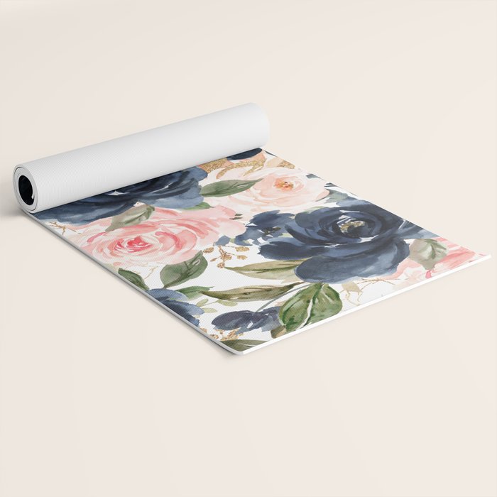 Navy Pink Watercolor Floral Pattern Nursery Flowers Yoga Mat Gallery Image 2