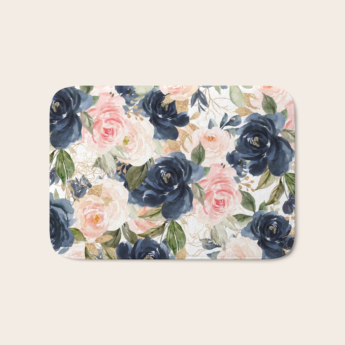 Navy Pink Watercolor Floral Pattern Nursery Flowers Bath Mat Gallery Image 1