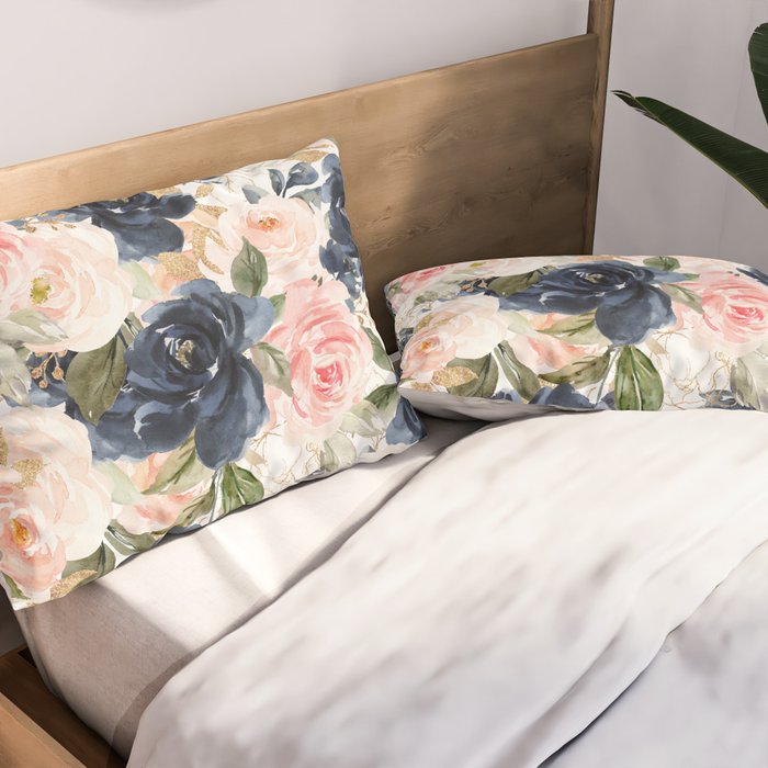 Navy Pink Watercolor Floral Pattern Nursery Flowers Pillow Sham Gallery Image 2