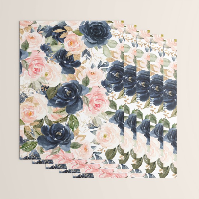 Navy Pink Watercolor Floral Pattern Nursery Flowers Wrapping Paper Gallery Image 3