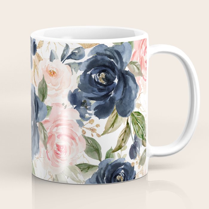 Navy Pink Watercolor Floral Pattern Nursery Flowers Coffee Mug Gallery Image 1
