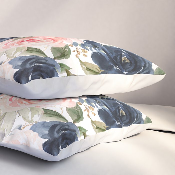 Navy Pink Watercolor Floral Pattern Nursery Flowers Pillow Sham Gallery Image 3