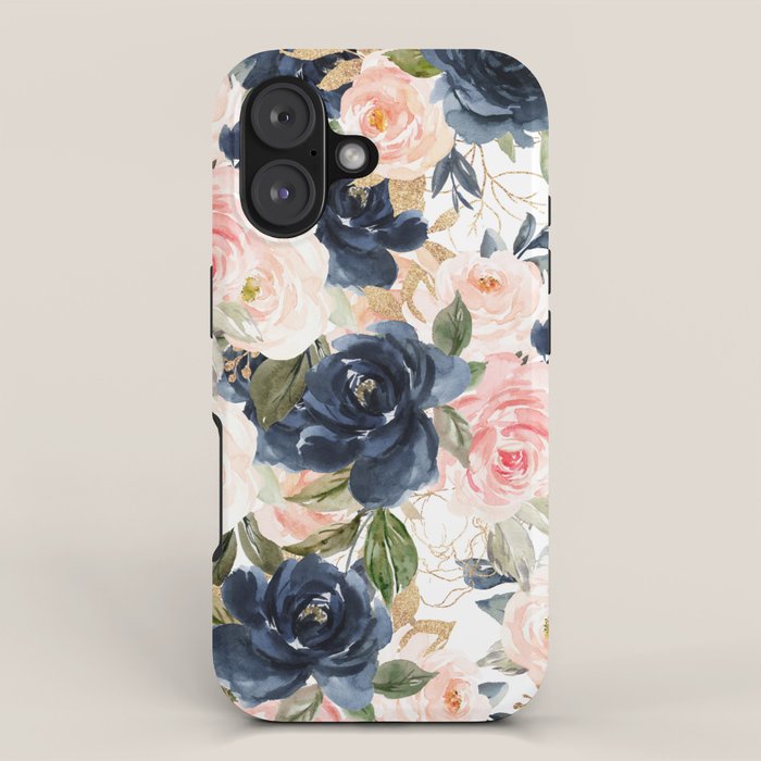 Navy Pink Watercolor Floral Pattern Nursery Flowers iPhone Case Gallery Image 1