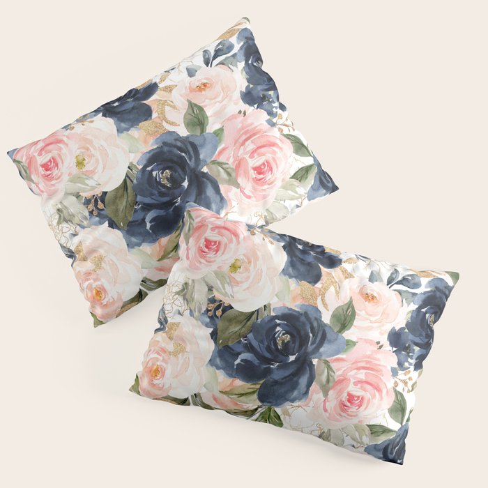 Navy Pink Watercolor Floral Pattern Nursery Flowers Pillow Sham Gallery Image 1