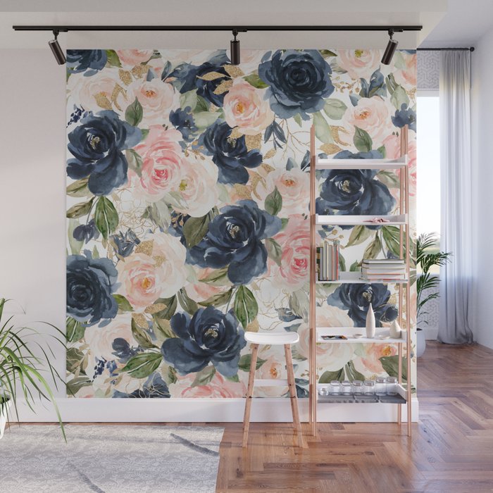 Navy Pink Watercolor Floral Pattern Nursery Flowers Wall Mural Gallery Image 1