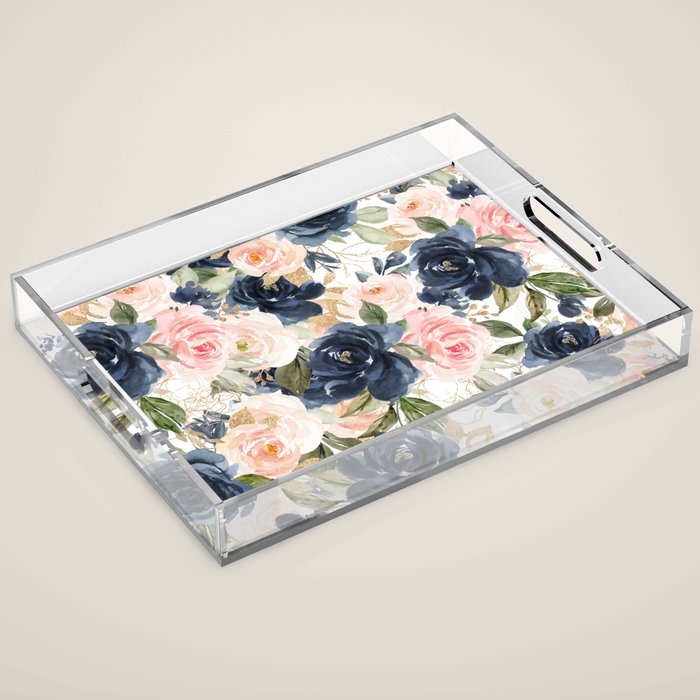 Navy Pink Watercolor Floral Pattern Nursery Flowers Acrylic Tray Gallery Image 1