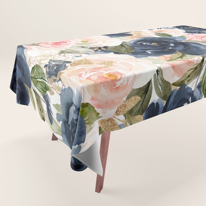 Navy Pink Watercolor Floral Pattern Nursery Flowers Tablecloth Gallery Image 1