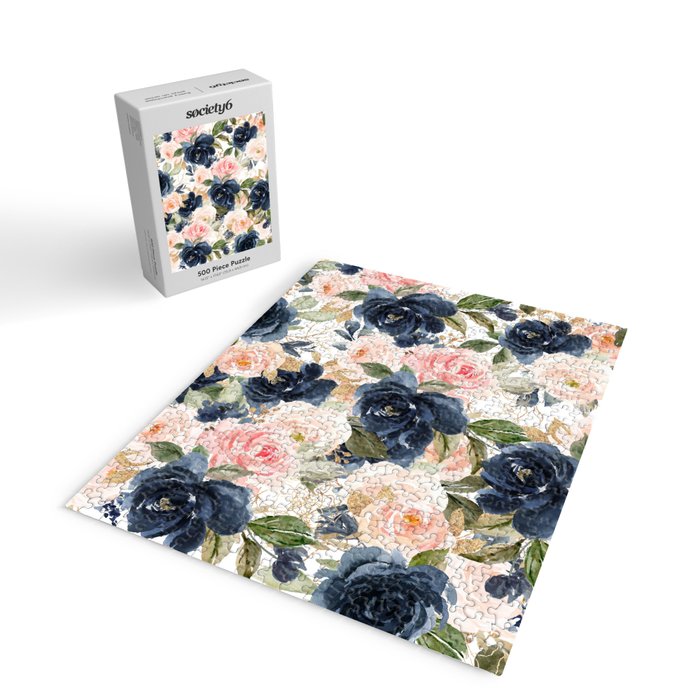 Navy Pink Watercolor Floral Pattern Nursery Flowers Jigsaw Puzzle Gallery Image 2