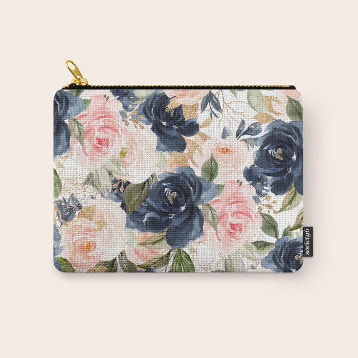 Navy Pink Watercolor Floral Pattern Nursery Flowers Carry All Pouch Gallery Image 1