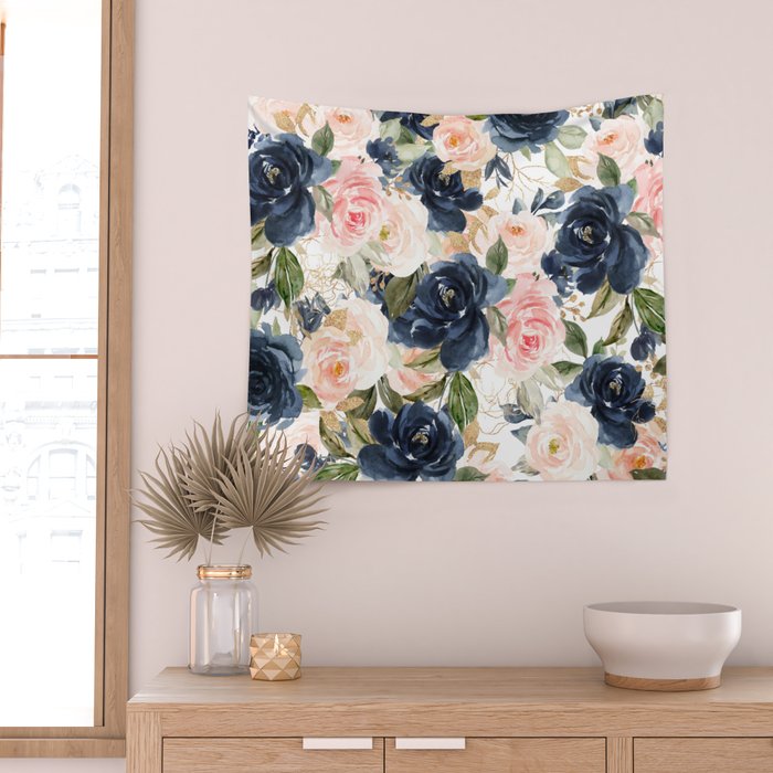 Navy Pink Watercolor Floral Pattern Nursery Flowers Wall Tapestry Gallery Image 2