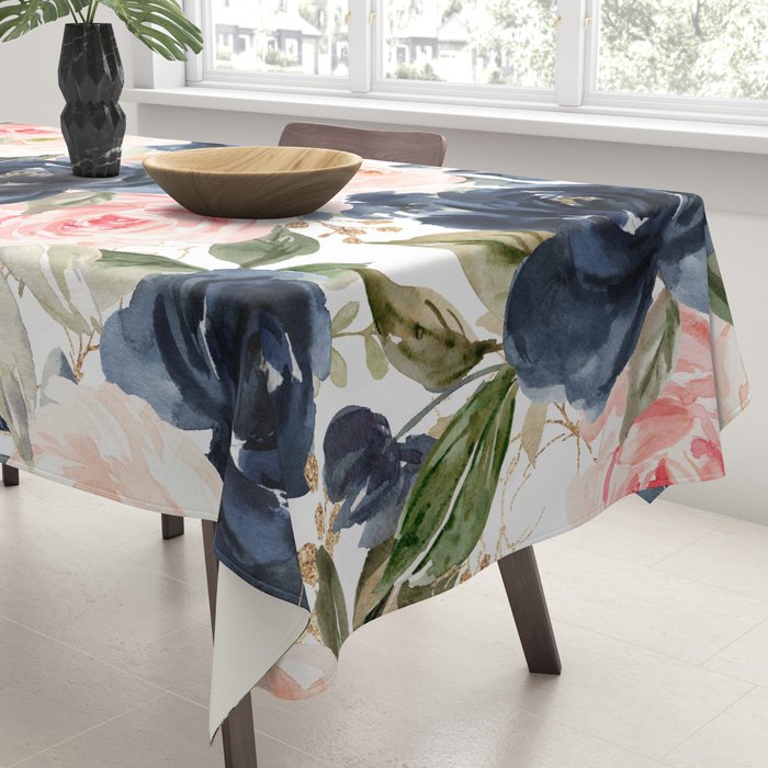 Navy Pink Watercolor Floral Pattern Nursery Flowers Tablecloth Gallery Image 3