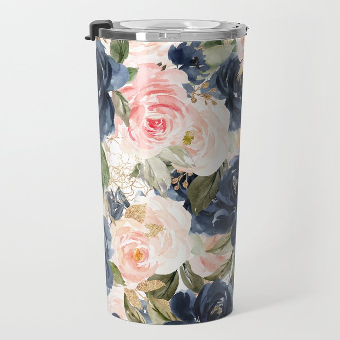 Navy Pink Watercolor Floral Pattern Nursery Flowers Travel Mug Gallery Image 3