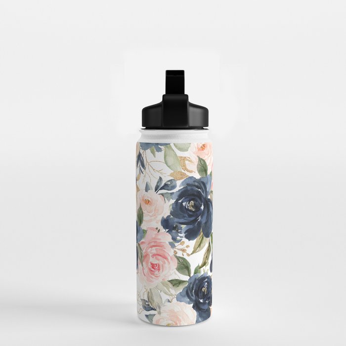 Navy Pink Watercolor Floral Pattern Nursery Flowers Water Bottle Gallery Image 2