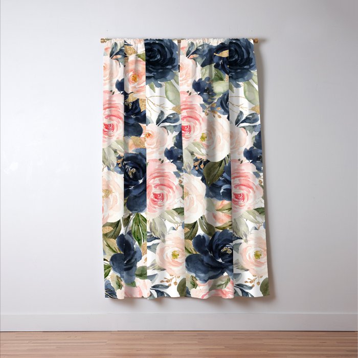 Navy Pink Watercolor Floral Pattern Nursery Flowers Window Curtain Gallery Image 3