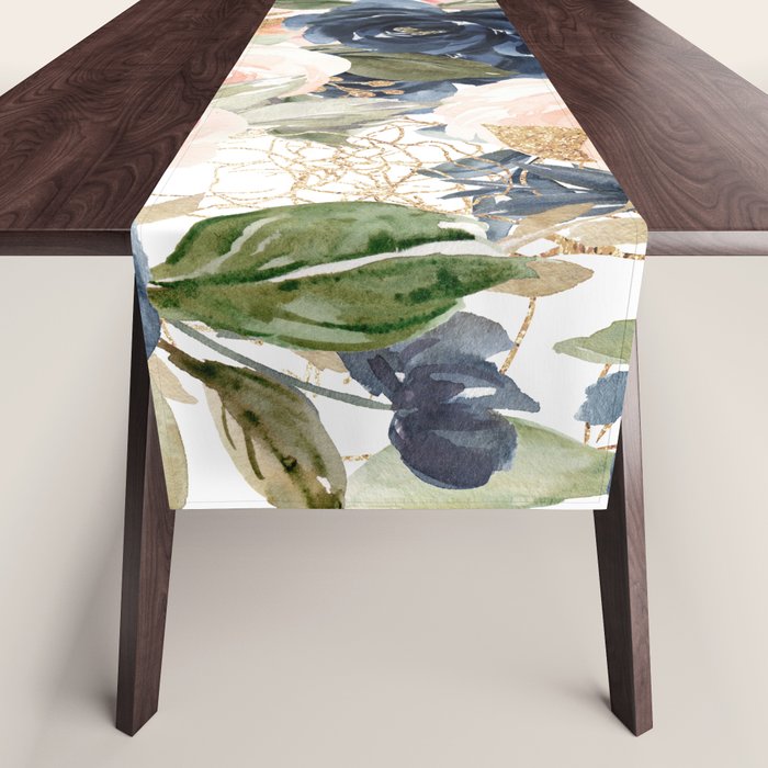 Navy Pink Watercolor Floral Pattern Nursery Flowers Table Runner Gallery Image 1