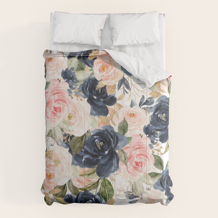 Navy Pink Watercolor Floral Pattern Nursery Flowers Comforter Gallery Image 6