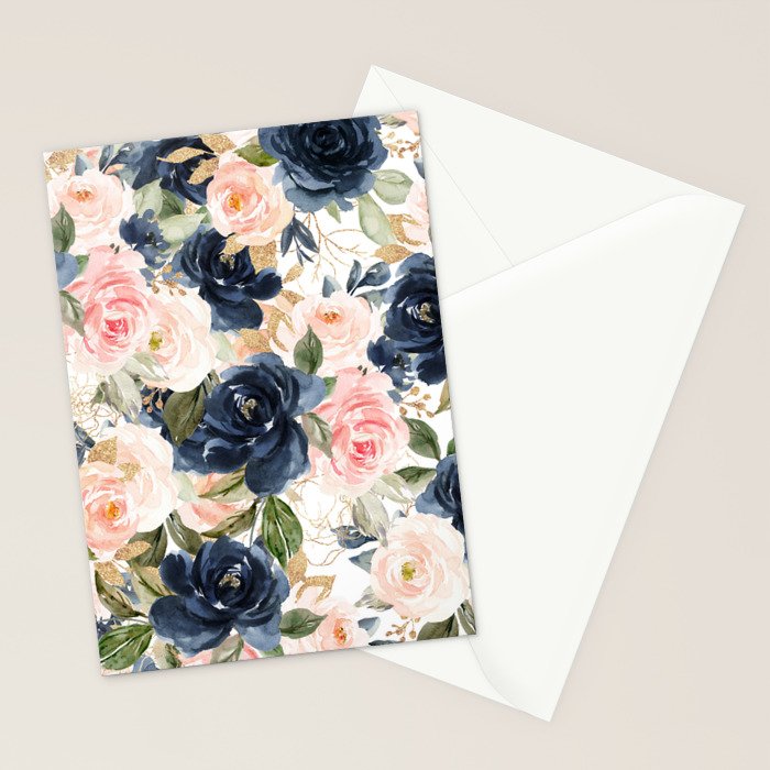Navy Pink Watercolor Floral Pattern Nursery Flowers Stationery Card Gallery Image 2
