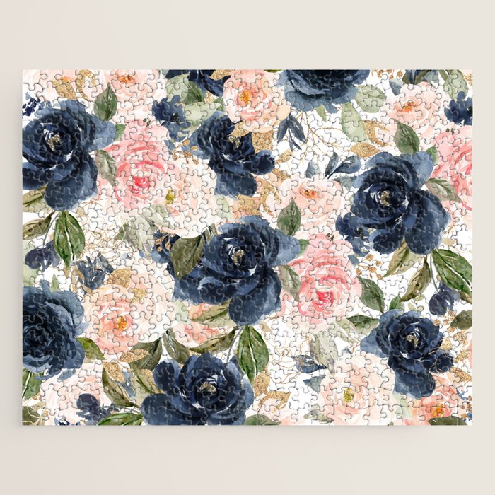 Navy Pink Watercolor Floral Pattern Nursery Flowers Jigsaw Puzzle Gallery Image 1