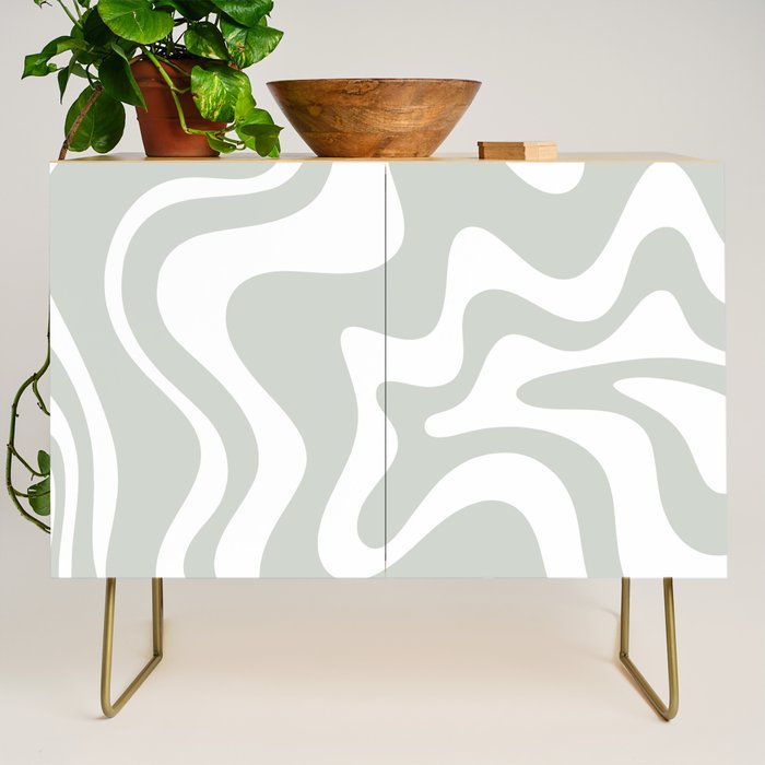 Liquid Swirl Abstract Pattern in Light Sage Gray and White Credenza Gallery Image 1