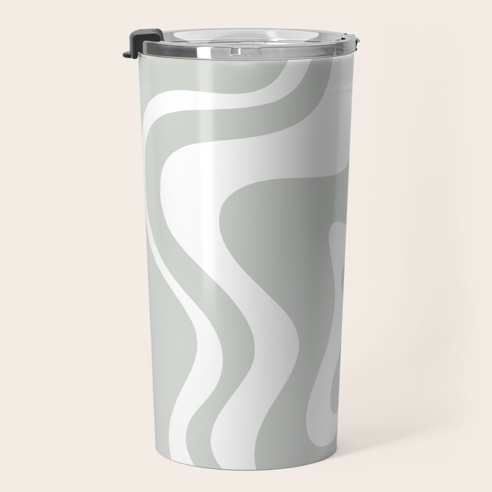 Liquid Swirl Abstract Pattern in Light Sage Gray and White Travel Mug Gallery Image 3