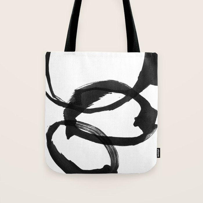 Black and White Round Abstract Shapes Minimalist Ink Painting Tote Bag Gallery Image 1