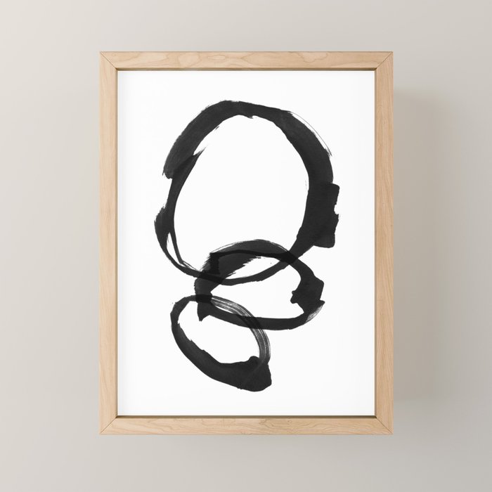 Black and White Round Abstract Shapes Minimalist Ink Painting Mini Art Print Gallery Image 1