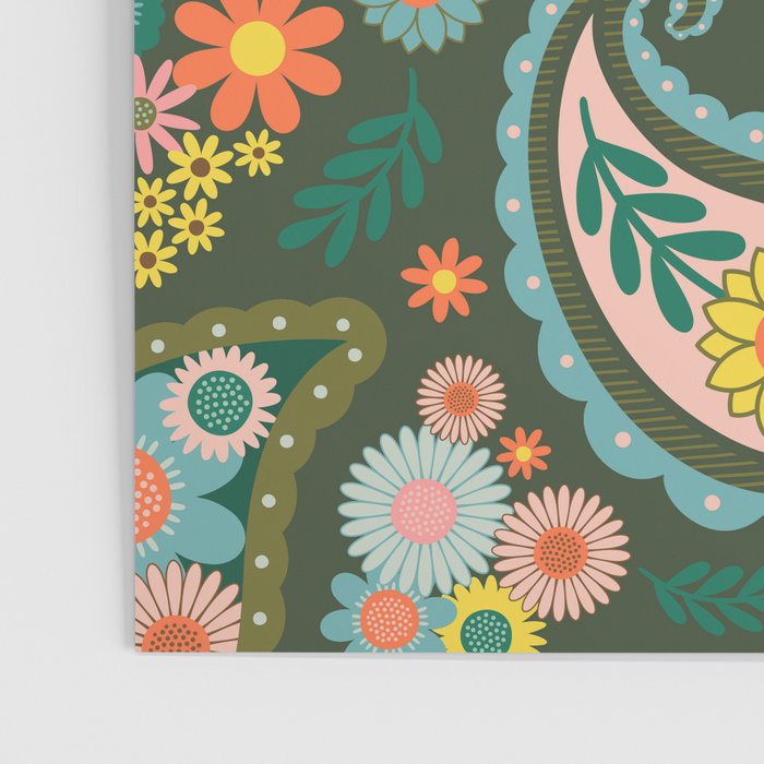 Retro Paisley Floral - Multicolored on Olive Green Poster Gallery Image 3