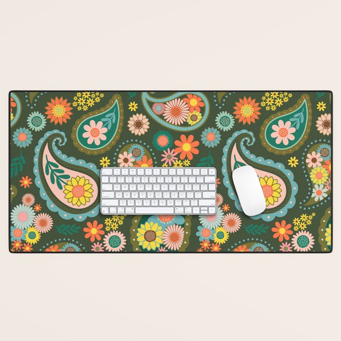 Retro Paisley Floral - Multicolored on Olive Green Desk Mat Gallery Image 1