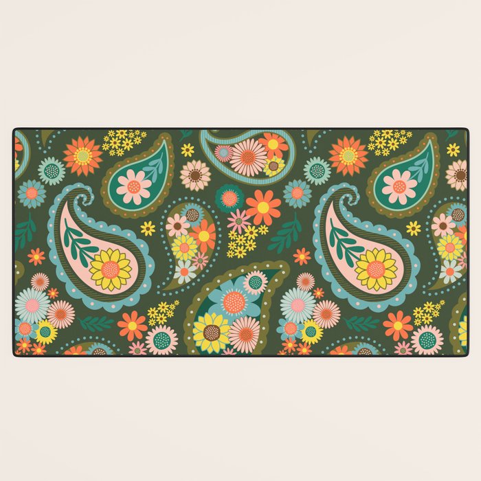 Retro Paisley Floral - Multicolored on Olive Green Desk Mat Gallery Image 3