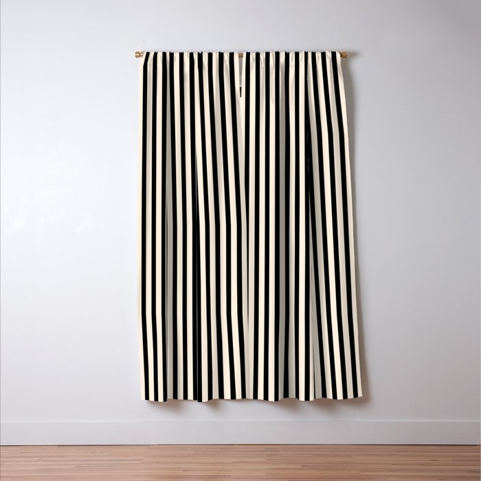 Fine Stripes Vertical Minimalist Pattern in Black and Almond Cream Window Curtain Gallery Image 3