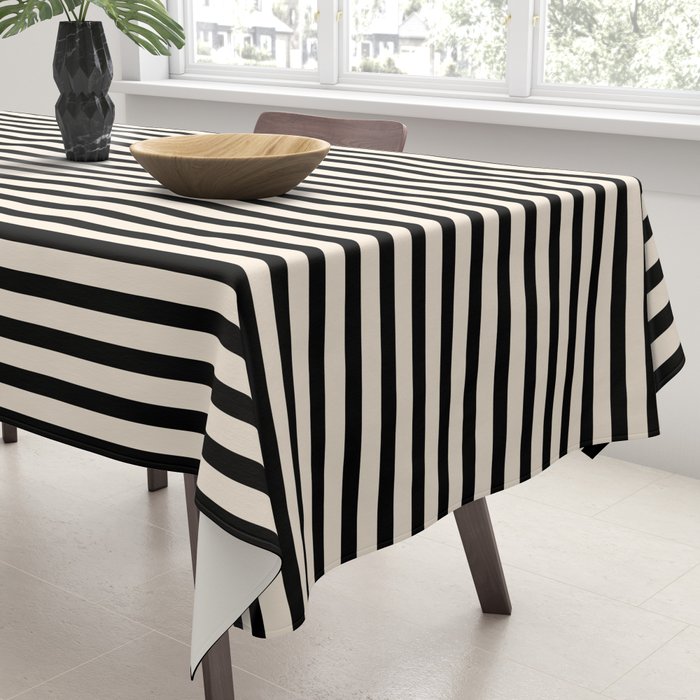 Fine Stripes Vertical Minimalist Pattern in Black and Almond Cream Tablecloth Gallery Image 3