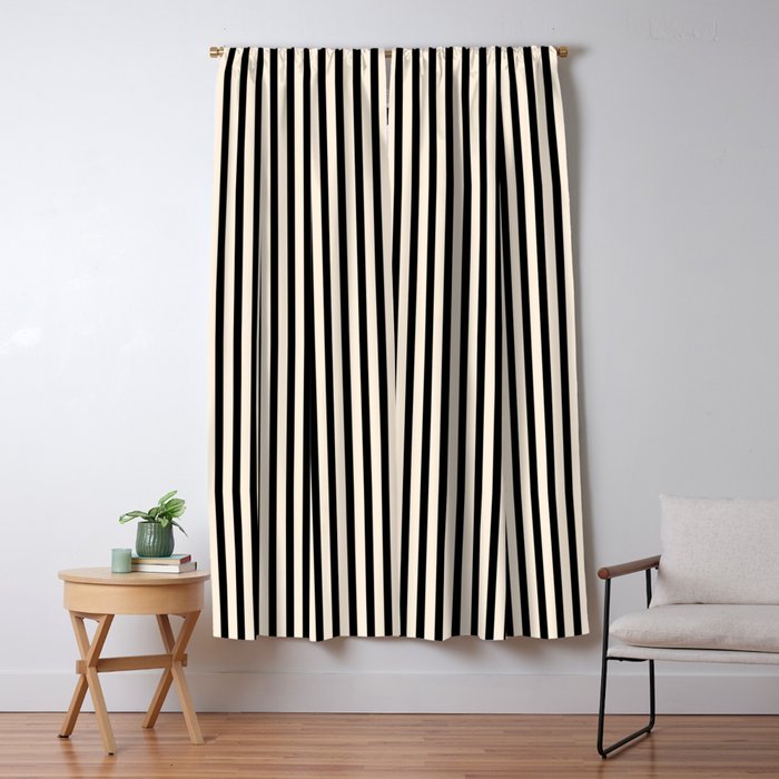 Fine Stripes Vertical Minimalist Pattern in Black and Almond Cream Window Curtain Gallery Image 1