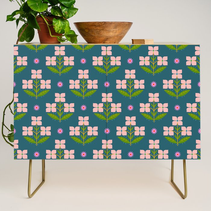 Retro Pink Floral Bunches - Green Pattern Credenza Gallery Image 1