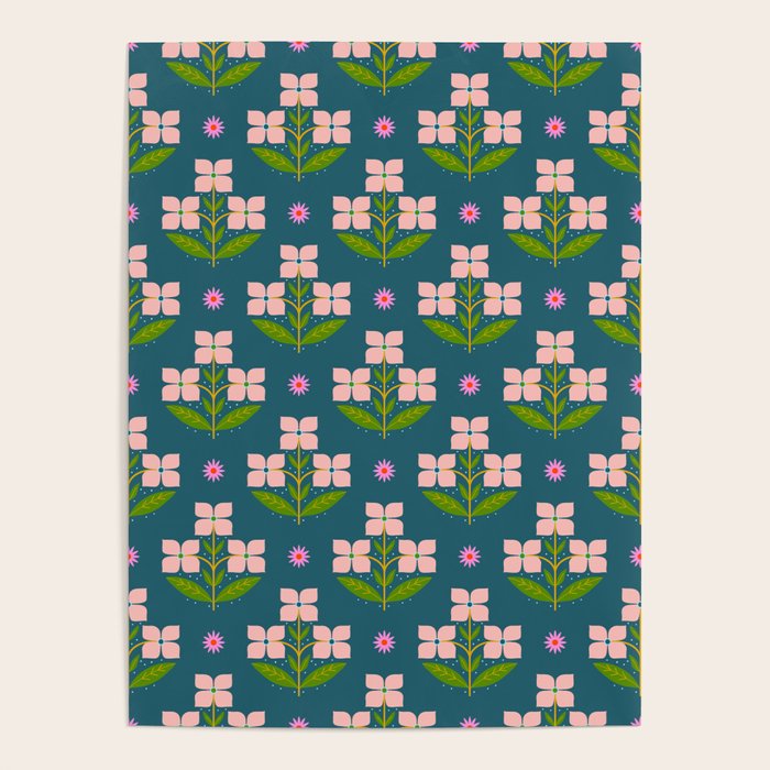 Retro Pink Floral Bunches - Green Pattern Poster Gallery Image 4