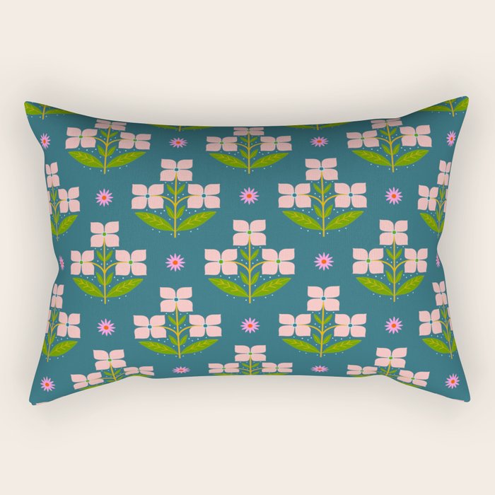 Retro Pink Floral Bunches - Green Pattern Rectangular Pillow Gallery Image 2