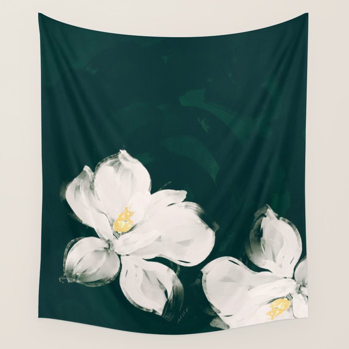 White Flowers On Green Wall Tapestry Gallery Image 1