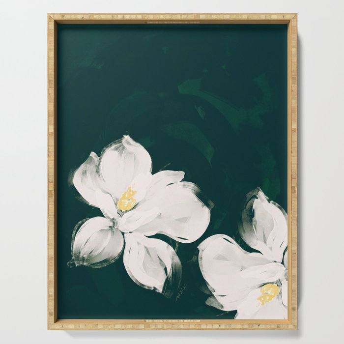 White Flowers On Green Serving Tray Gallery Image 1
