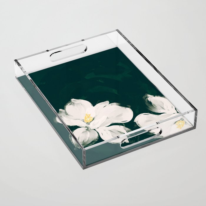White Flowers On Green Acrylic Tray Gallery Image 1
