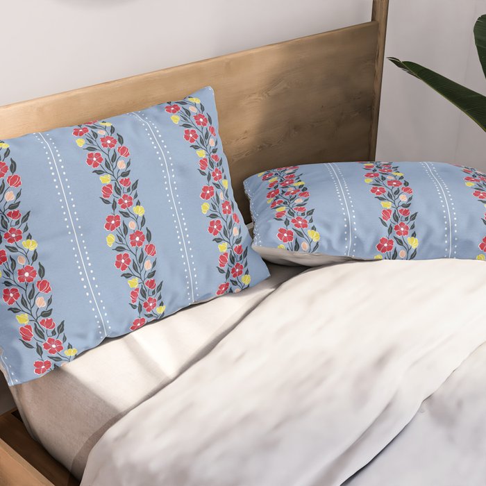 Vintage Posey Stripe Floral on Blue Linen Pillow Sham Gallery Image 2
