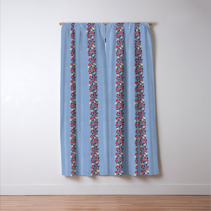 Vintage Posey Stripe Floral on Blue Linen Window Curtain Gallery Image 3