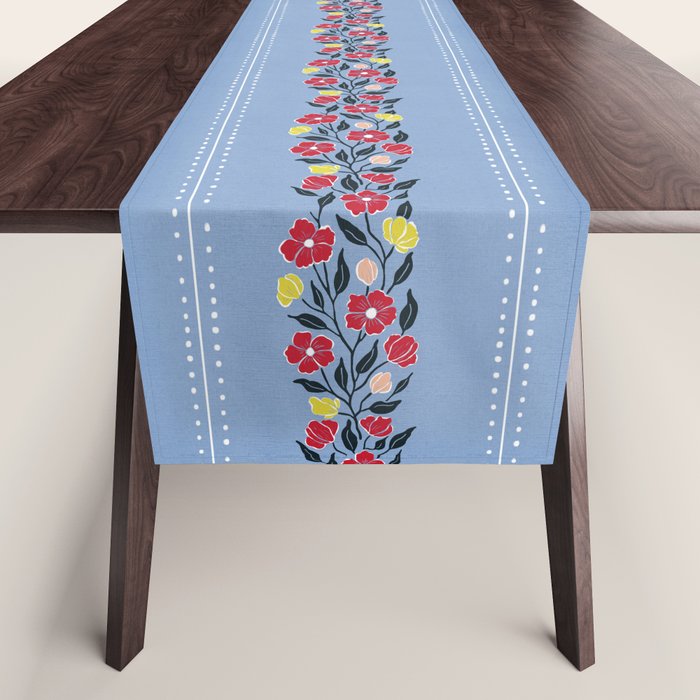 Vintage Posey Stripe Floral on Blue Linen Table Runner Gallery Image 1